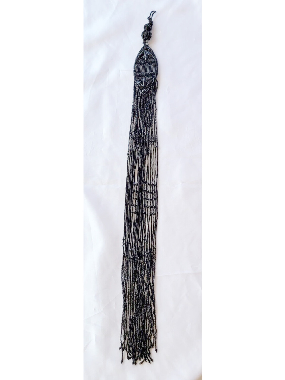 21" Long Artisan OOAK Hanging Light Pull Decor Ornament Black Beaded Fringe Goth